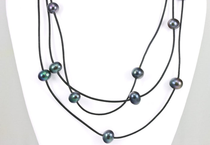 Pearl Necklace Large Black Peacock Freshwater Pearls Leather Necklace 62" Knotted Wrap High Luster Pearl Wrap Bracelet Spyglass Designs AAA