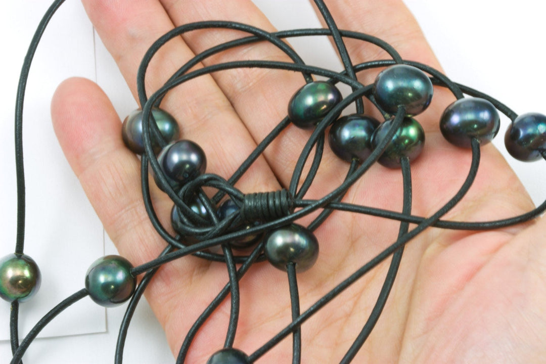 Pearl Necklace Large Black Peacock Freshwater Pearls Leather Necklace 62" Knotted Wrap High Luster Pearl Wrap Bracelet Spyglass Designs AAA
