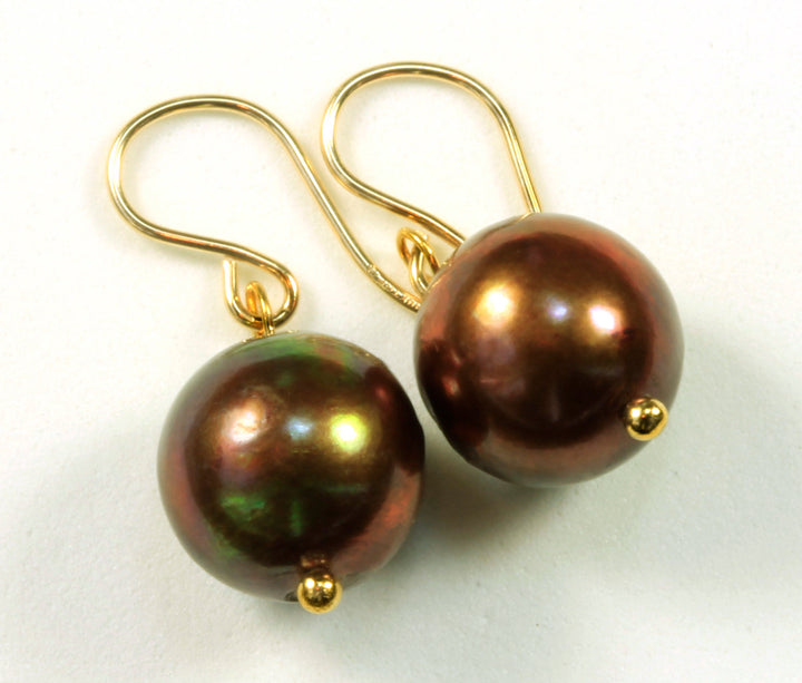 Chocolate Pearl Earrings Freshwater Cultured Pearls Round Drops 14k solid yellow gold or filled or Sterling silver Dangles Simple Pearl
