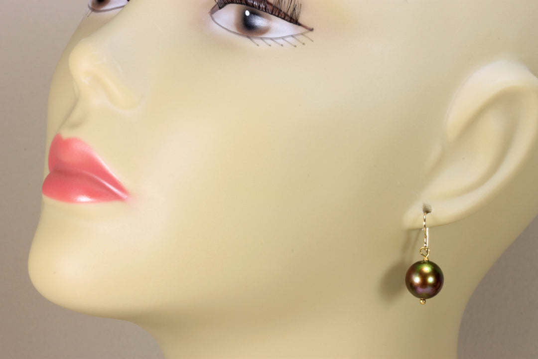 Chocolate Pearl Earrings Freshwater Cultured Pearls Round Drops 14k solid yellow gold or filled or Sterling silver Dangles Simple Pearl
