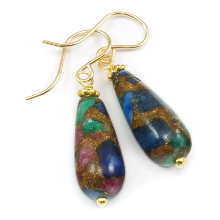 Mosaic Quartz Earrings Smooth Large Teardrop Dangle 14k solid Gold or Filled or Sterling Silver Blue Green Camel Round Drops Simple Colorful - Spyglass Designs