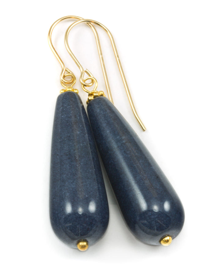 Blue Quartzite Earrings Smooth Large Teardrop Dangle 14k solid gold or filled or Sterling Silver  Long Rounded Drops Spyglass Designs