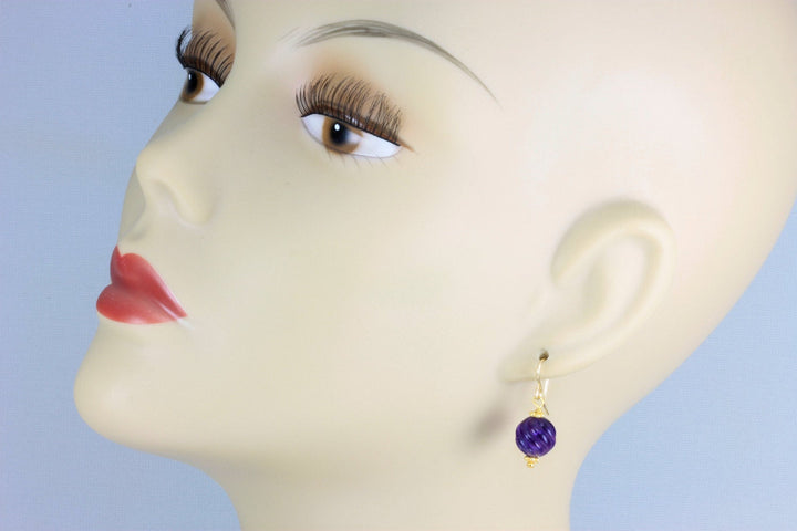African Purple Amethyst Earrings Fancy Cut Smooth Round 14k Solid Gold or Filled or Sterling Silver Natural Carved Swirl Deep Rich Drops