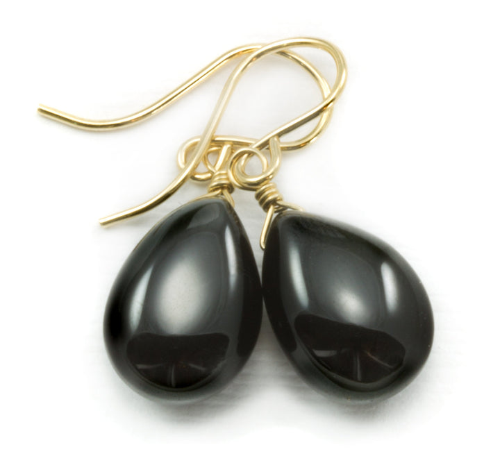 Black Spinel Earrings 14k Solid Gold or Filled or Sterling Silver Smooth Teardrop Pear Shaped Classic Simple Shape Everyday Neutral Drops