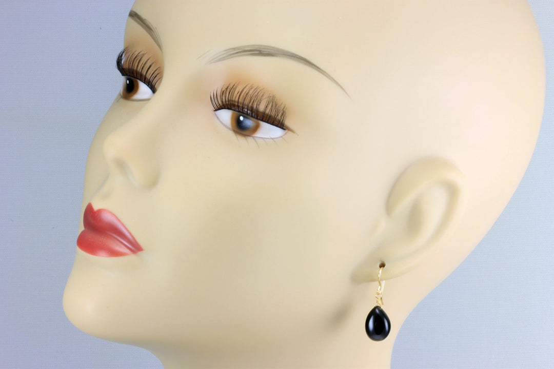 Black Spinel Earrings 14k Solid Gold or Filled or Sterling Silver Smooth Teardrop Pear Shaped Classic Simple Shape Everyday Neutral Drops