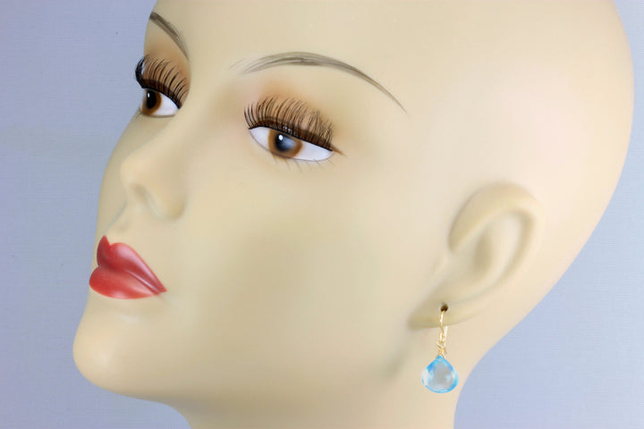 Swiss Blue Topaz Earrings Faceted Drop Dangle Tear Drops 14k Solid Gold or Filled or Sterling Silver Genuine Real Topaz Simple Heart Drops