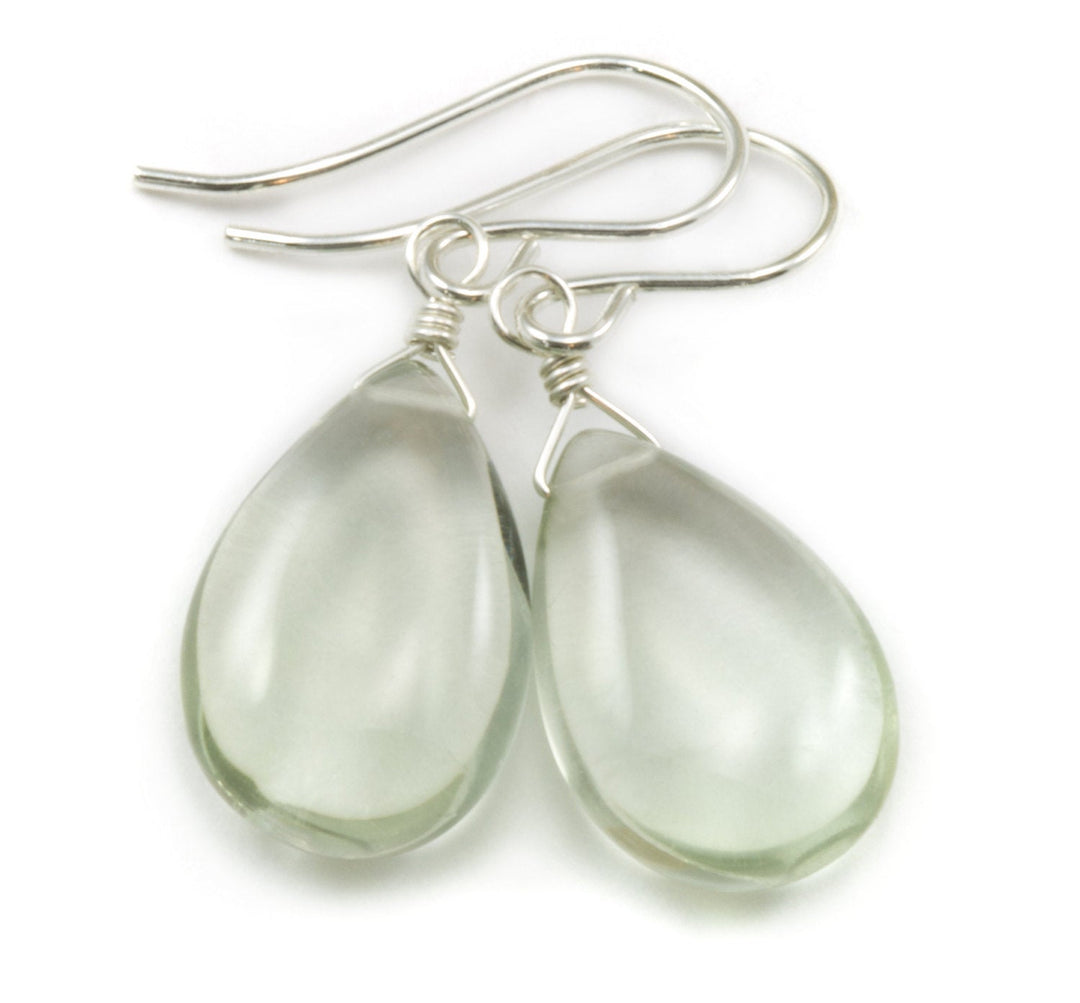 Green Prasiolite Amethyst Earrings Smooth Teardrop Drops Sterling Silver or 14k Solid Gold or Filled Pear Classic Simple  Soft Pale Green