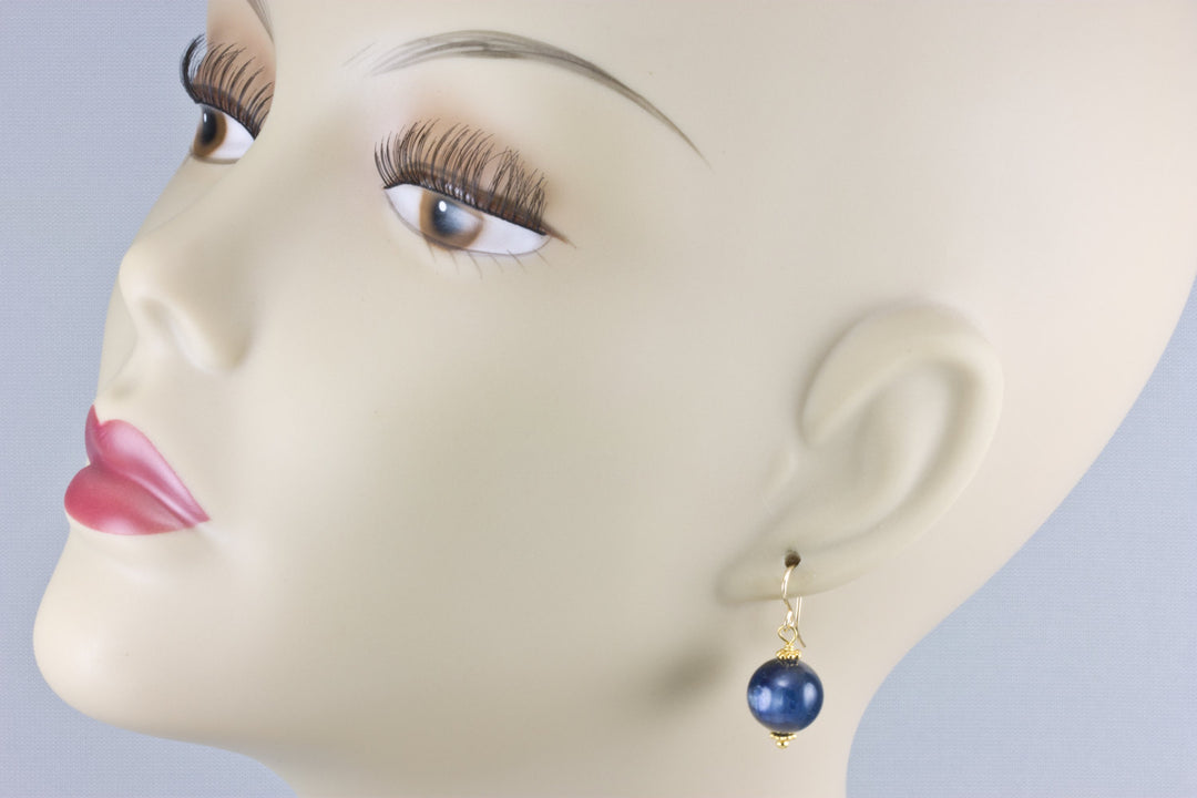 Kyanite Earrings High Quality Smooth Round Rich Blue 14k Solid Yellow Gold or Filled or Sterling Silver Natural  Deep Blue Simple Drops