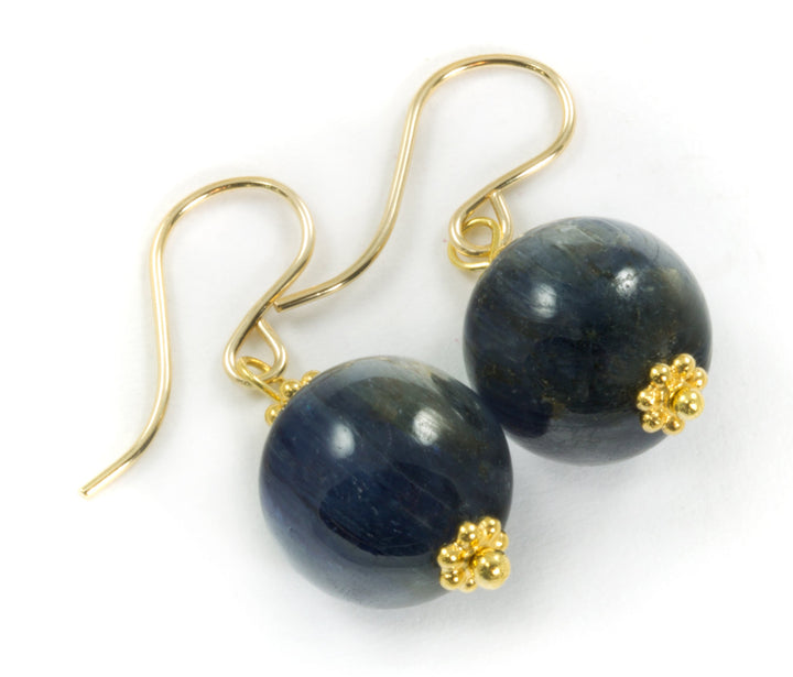 Kyanite Earrings High Quality Smooth Round Rich Blue 14k Solid Yellow Gold or Filled or Sterling Silver Natural  Deep Blue Simple Drops
