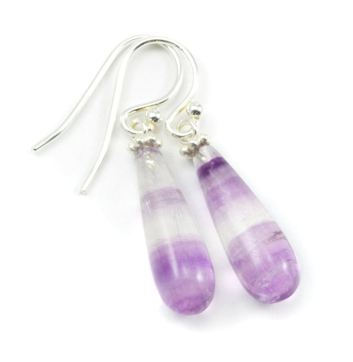 Fluorite Earrings Sterling Silver or 14k solid gold or filled Purple Striped  Smooth Teardrop  Flourite Spyglass Designs Simple Dainty Drops