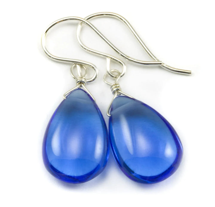 Sapphire Blue Earrings Teardrop Smooth Cut Simulated Pear 14k Solid Gold or Filled or Sterling Silver Simple Dainty Rich color hand wired - Spyglass Designs