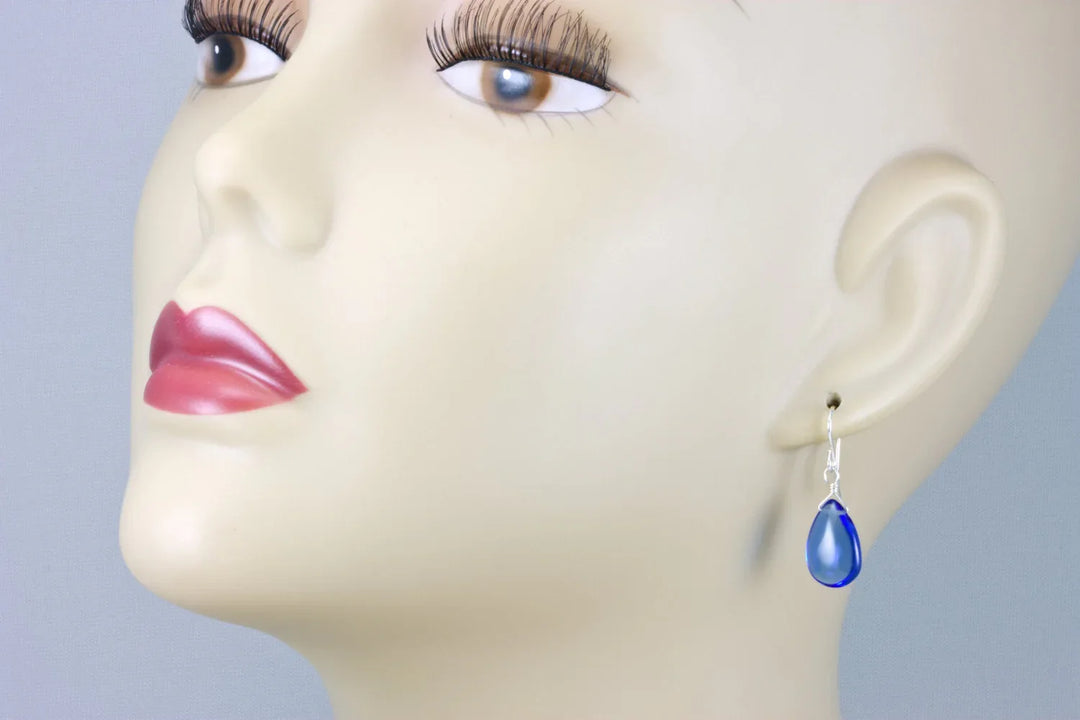 Sapphire Blue Earrings Teardrop Smooth Cut Simulated Pear 14k Solid Gold or Filled or Sterling Silver Simple Dainty Rich color hand wired - Spyglass Designs