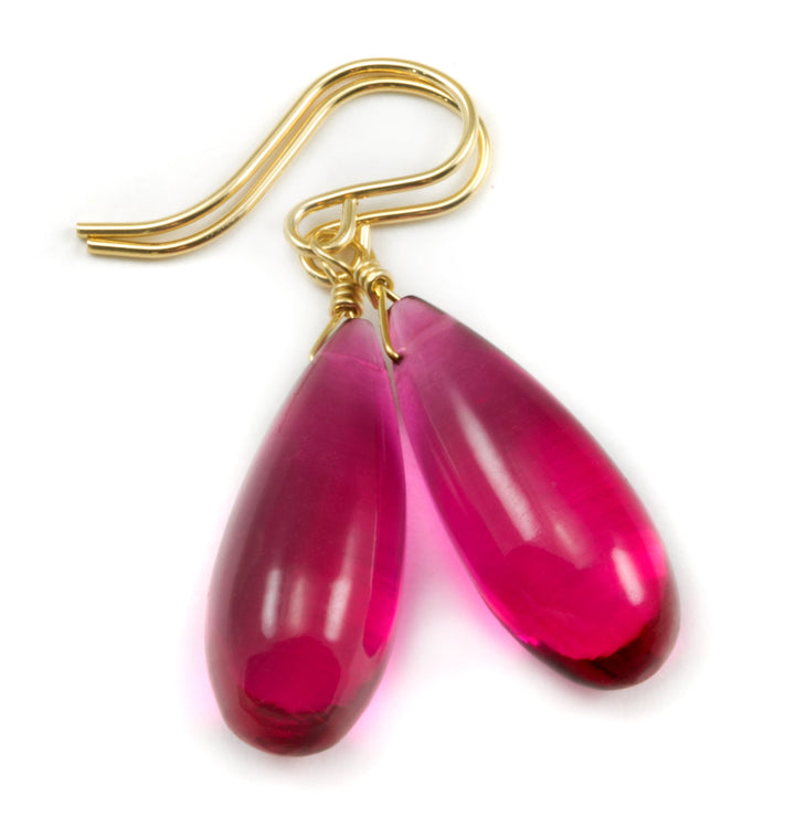 Hot Simulated Sapphire Pink Earrings Smooth Long Teardrop Dangle Sterling Silver or 14k Solid Gold or Filled Fat Round Drops Magenta Fuchsia