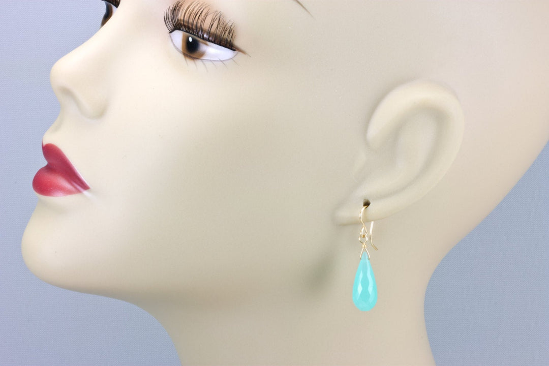 Aqua Blue Chalcedony Earrings 14k Solid Gold or Filled or Sterling Silver Long Teardrop Micro Facet Natural Briolettes Rounded Simple Drops