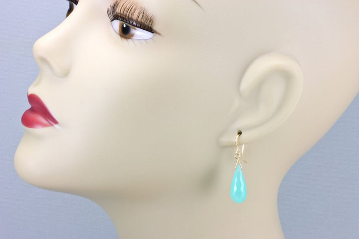 Aqua Blue Chalcedony Earrings 14k Solid Gold or Filled or Sterling Silver Long Teardrop Micro Facet Natural Briolettes Rounded Simple Drops
