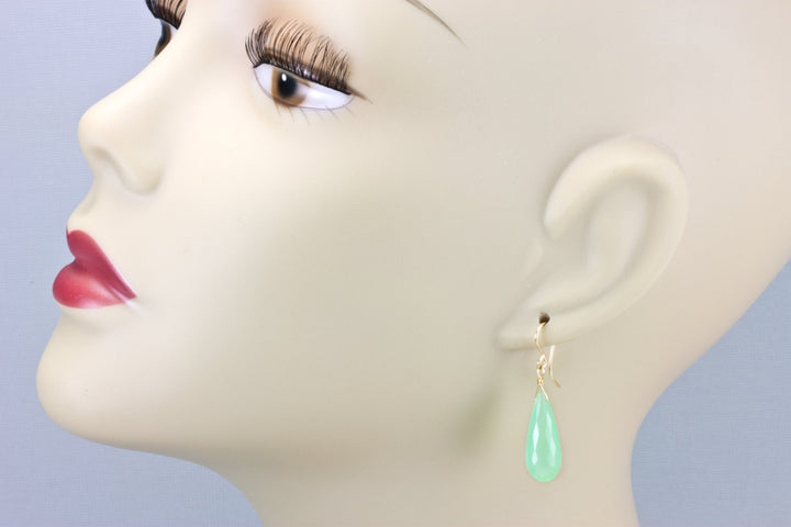 Pale Green Chalcedony Earrings Long AAA Teardrop Faceted  14k Solid Gold or Filled or Sterling Silver Soft Green Briolettes Micro Facets