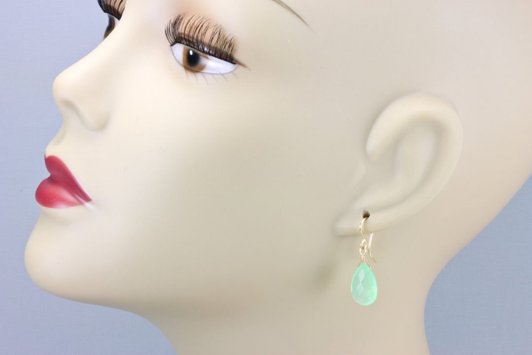 Green Chalcedony Earrings Soft Pale Teardrop AAA Pear Shaped Faceted 14k Solid Gold or Filled or Sterling Silver Natural Simple Drops