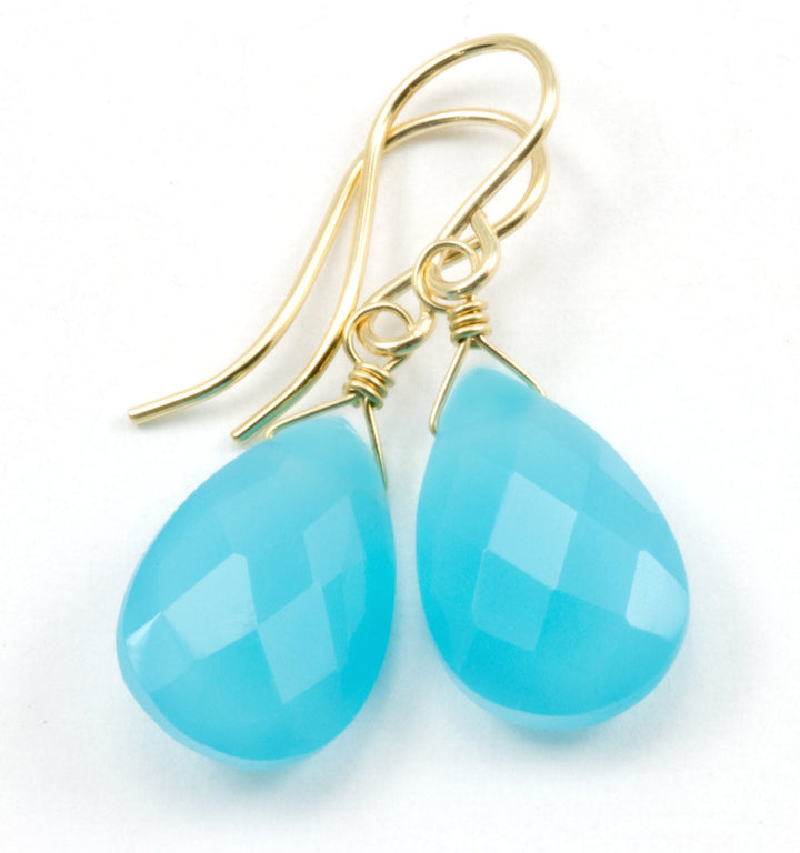 Blue Chalcedony Earrings Teardrop Pear Faceted 14k Solid Gold or Filled or Sterling Silver Rich Sky Blue Simple Dainty Drops Spyglass Design