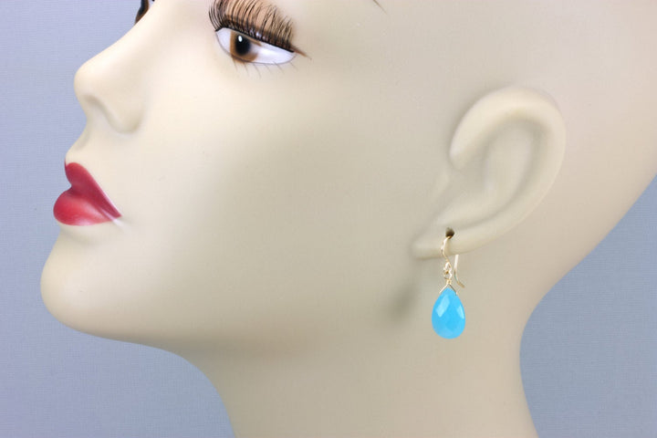 Blue Chalcedony Earrings Teardrop Pear Faceted 14k Solid Gold or Filled or Sterling Silver Rich Sky Blue Simple Dainty Drops Spyglass Design