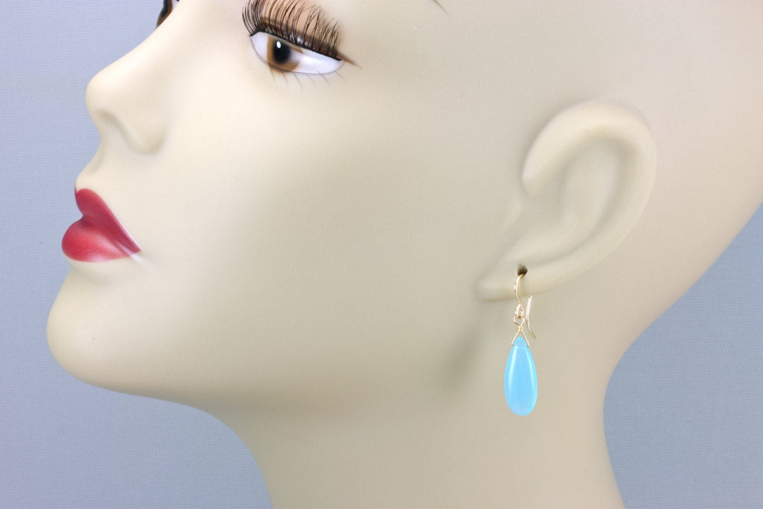 Light Blue Chalcedony Earrings Long Teardrop Shaped Smooth cut 14k Solid Gold or Filled Sterling Silver Puffed Pale Soft Blue Natural Drops