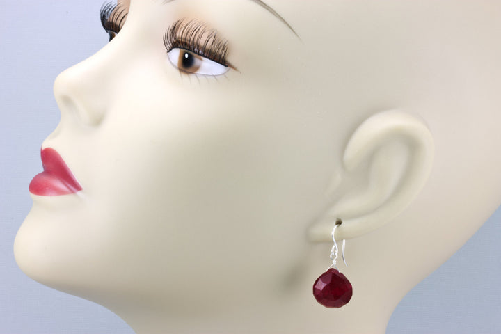 Red Ruby Earrings Heart Shaped Simulated Teardrop Dangle faceted Sterling Silver or 14k Gold Filled Red Quartzite Puffed Shape Simple