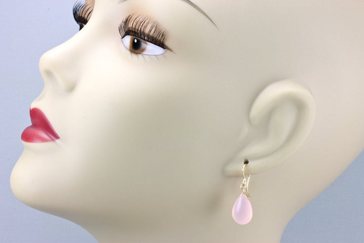 Pink Chalcedony Earrings 14k Solid Gold or  Filled or Sterling Silver Smooth Natural Pear Soft Pale Light Pink Dainty Simple Classic drops