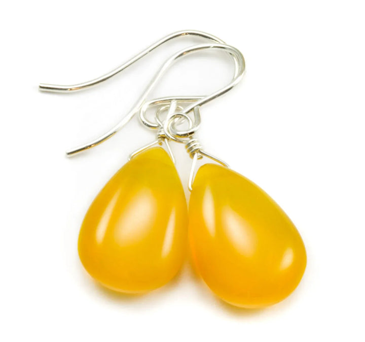 Honey Earrings Amber Yellow Smooth Quartz pear Teardrops Sterling Silver or 14k Solid Gold or Filled Unique Color Simple Daily Drops Classic - Spyglass Designs