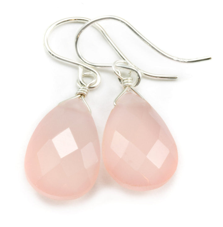 Pink Chalcedony Earrings Sterling Silver or 14k Solid Gold or Filled Faceted Teardrop Faceted Pear Briolette Pale Light Soft Natural Classic