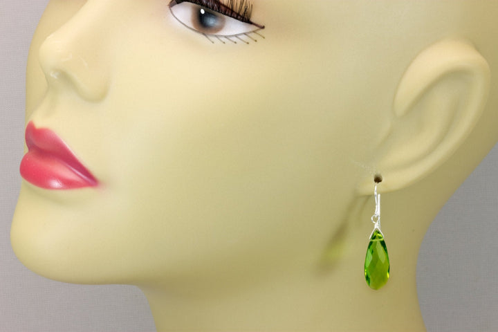 Green Peridot Faceted Earrings Long Teardrop Sim Quartz Cut Sterling Silver or 14k Solid Gold  or Yellow or Rose Filled Simple Drops