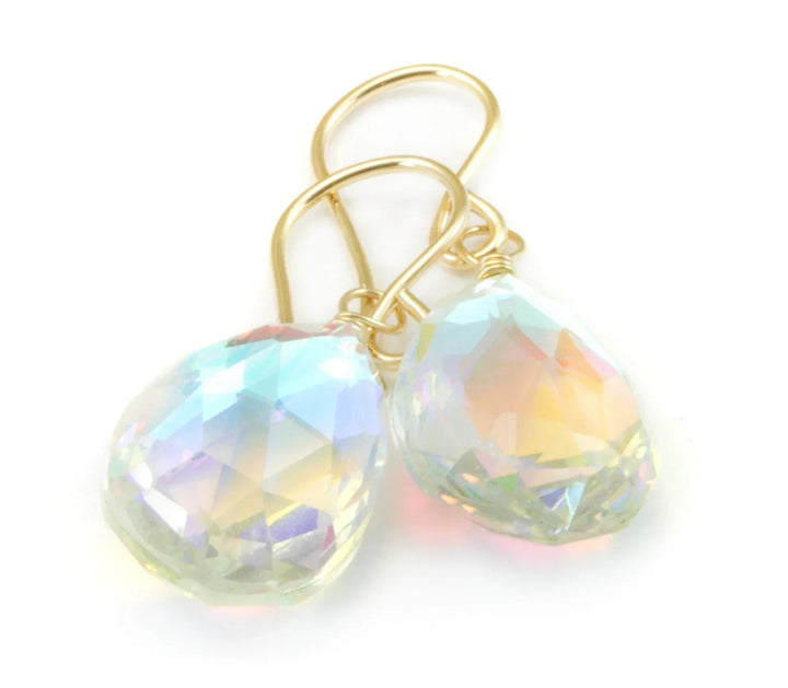 Mystic Clear Rainbow Quartz Earrings Pear Teardrop Faceted 14k Solid Gold or Filled or Sterling Silver Irisedescent colors simple drops - Spyglass Designs
