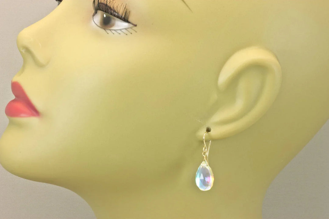 Mystic Clear Rainbow Quartz Earrings Pear Teardrop Faceted 14k Solid Gold or Filled or Sterling Silver Irisedescent colors simple drops - Spyglass Designs