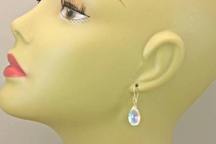Mystic Clear Rainbow Quartz Earrings Pear Teardrop Faceted 14k Solid Gold or Filled or Sterling Silver Irisedescent colors simple drops - Spyglass Designs