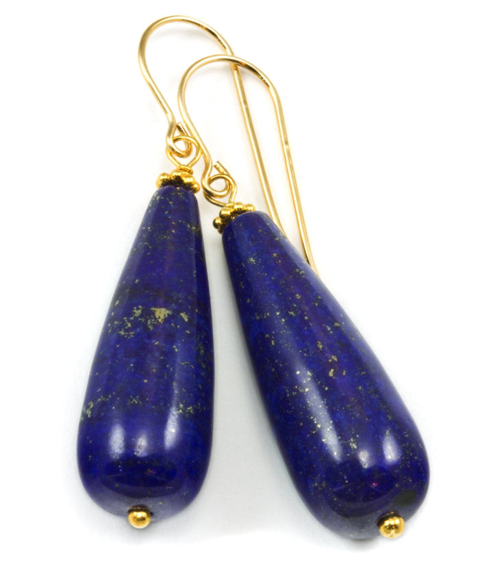 Lapis Lazuli Earrings Natural Smooth Long Teardrop Dangle 14k solid gold or 14k Gold Filled Sterling Silver Rounded Spyglass Designs Pyrite