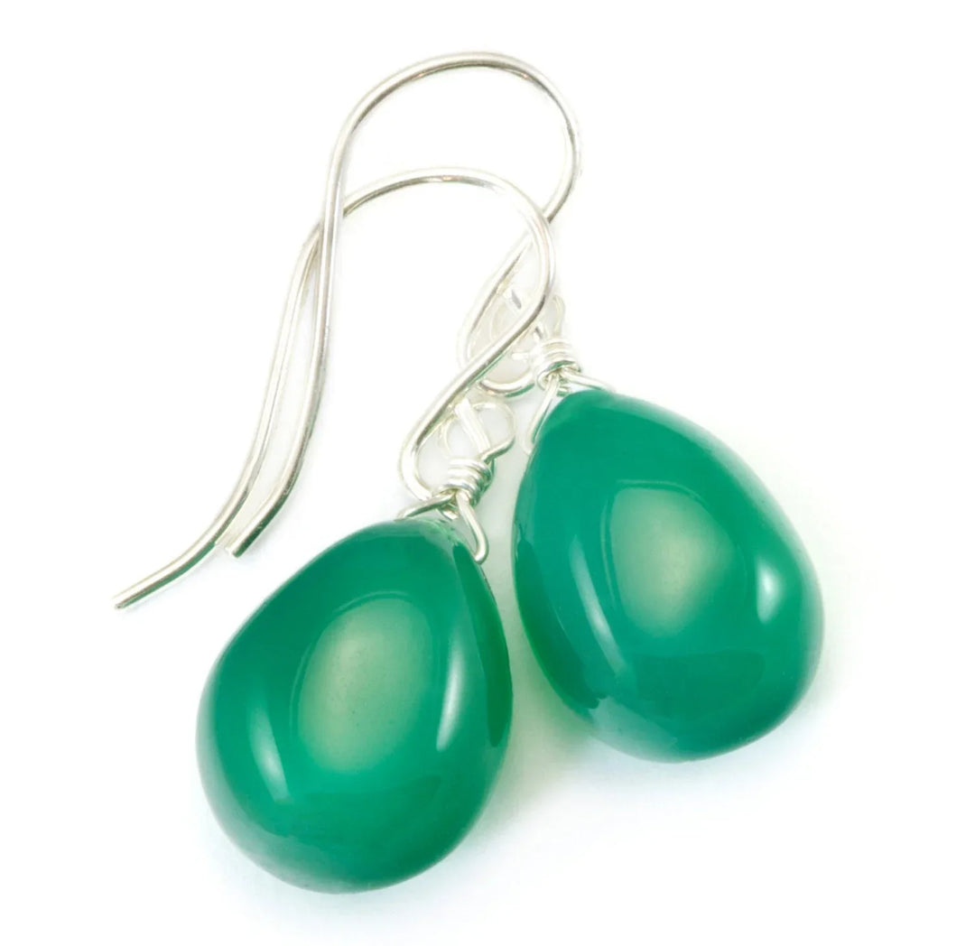 Onyx Earrings Emerald Green Color Smooth Teardrop Briolette Cut 14k Solid Gold or Filled or Sterling Silver lightweight simple dainty drops - Spyglass Designs