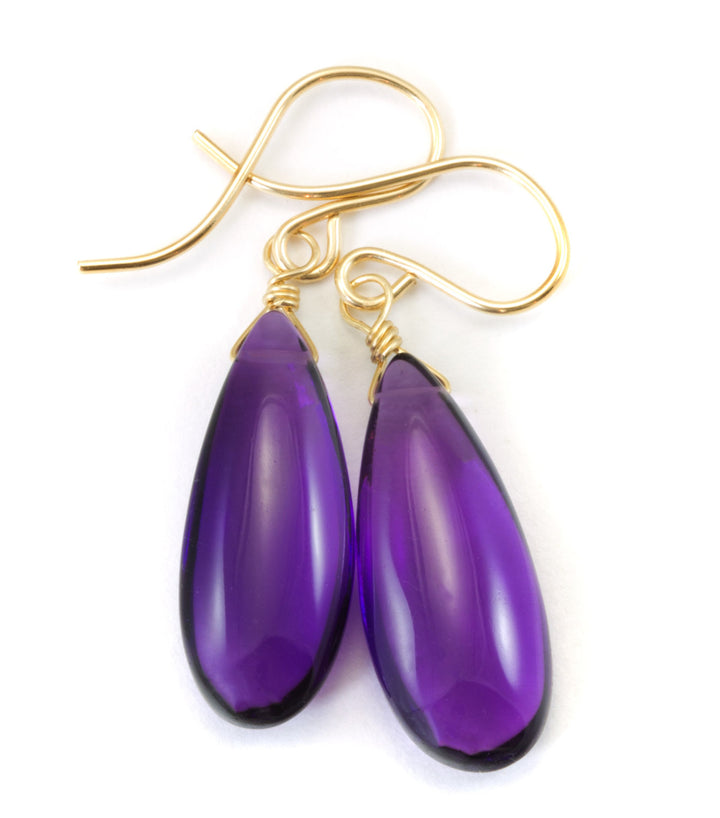 Purple Amethyst Simulated Quartz Earrings Smooth Teardrop 14k Solid Gold or Filled or Sterling Silver Simple Long Drops Daily Lightweight
