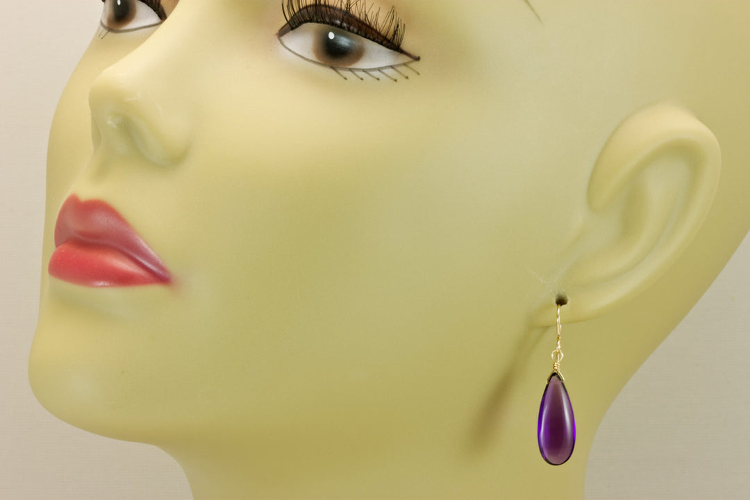 Purple Amethyst Simulated Quartz Earrings Smooth Teardrop 14k Solid Gold or Filled or Sterling Silver Simple Long Drops Daily Lightweight