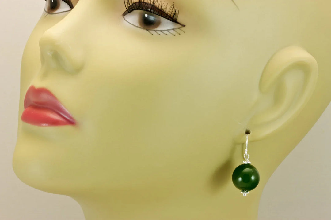 Serpentine Earrings Green Jade Color Round Cut Bead Accents 14k Solid Gold or Filled or Sterling Silver Smooth Spyglass Designs Simple Drops - Spyglass Designs