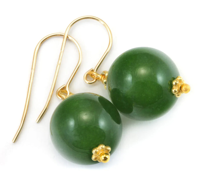 Serpentine Earrings Green Jade Color Round Cut Bead Accents 14k Solid Gold or Filled or Sterling Silver Smooth Spyglass Designs Simple Drops - Spyglass Designs
