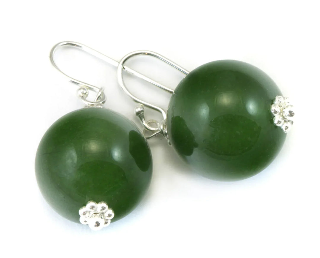 Serpentine Earrings Green Jade Color Round Cut Bead Accents 14k Solid Gold or Filled or Sterling Silver Smooth Spyglass Designs Simple Drops - Spyglass Designs