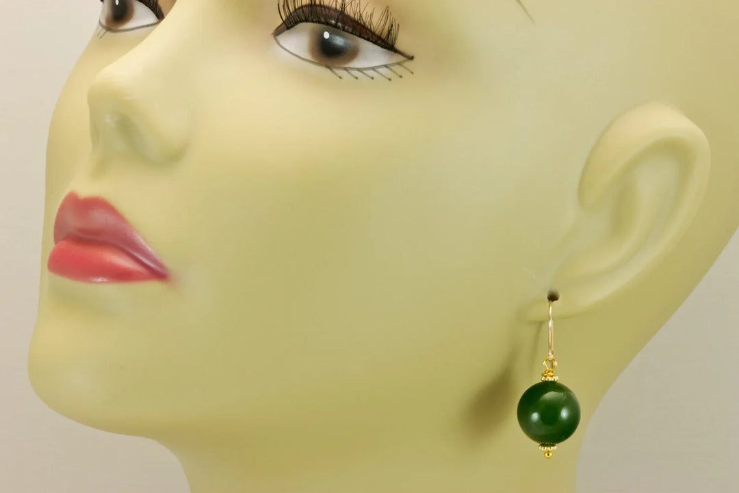 Serpentine Earrings Green Jade Color Round Cut Bead Accents 14k Solid Gold or Filled or Sterling Silver Smooth Spyglass Designs Simple Drops - Spyglass Designs