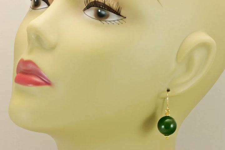 Serpentine Earrings Green Jade Color Round Cut Bead Accents 14k Solid Gold or Filled or Sterling Silver Smooth Spyglass Designs Simple Drops - Spyglass Designs