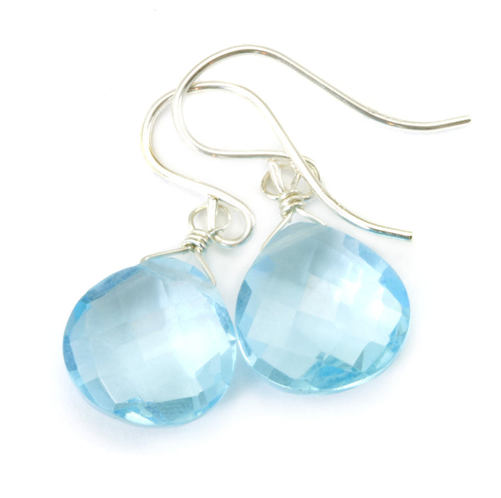 Swiss Blue Earrings Faceted Simulated Topaz Baby Blue Drops 14k Solid Gold or Filled or Sterling Silver Heart Simple Dainty Dangle Drop