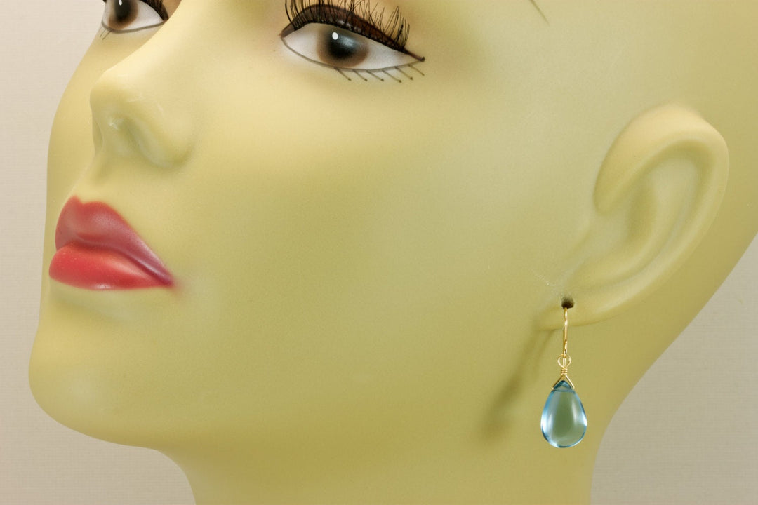 London Blue Simulated Topaz Earrings Smooth Pear Briolette Drops 14k Solid Gold or Filled or Sterling Silver Simple Classic Drops Soft Blue