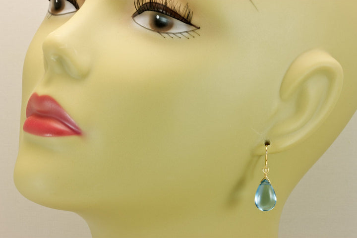 London Blue Simulated Topaz Earrings Smooth Pear Briolette Drops 14k Solid Gold or Filled or Sterling Silver Simple Classic Drops Soft Blue