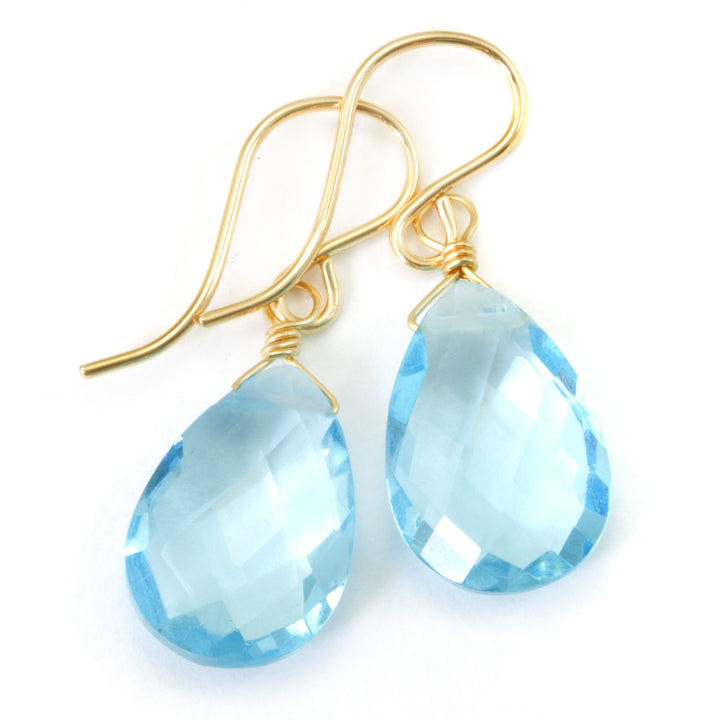 Swiss Blue Sim Topaz Earrings Baby Blue Pears 14k Solid Yellow Gold or Filled or Sterling Silver Pear Teardrops Light Simple Dainty Drop