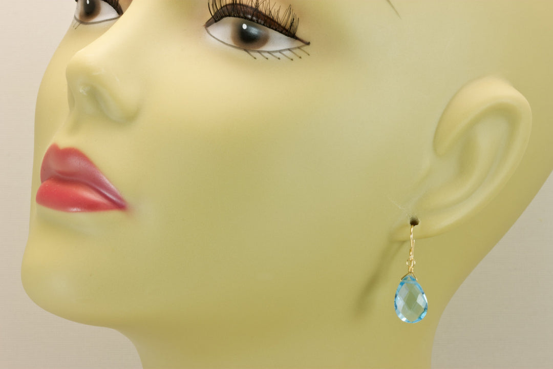 Swiss Blue Sim Topaz Earrings Baby Blue Pears 14k Solid Yellow Gold or Filled or Sterling Silver Pear Teardrops Light Simple Dainty Drop