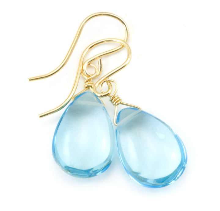 Swiss Blue Earrings SImulated Topaz Baby Blue Pears 14k Solid Yellow Gold or Filled or Sterling Silver Smooth Teardrops Simple Light Drop