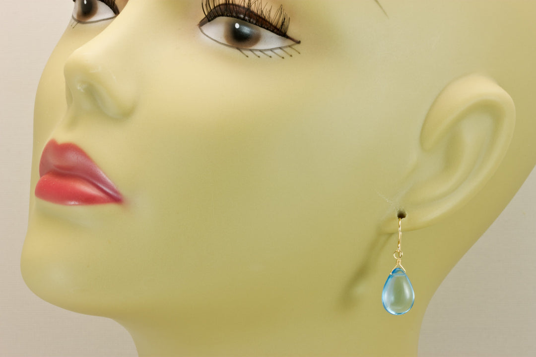 Swiss Blue Earrings SImulated Topaz Baby Blue Pears 14k Solid Yellow Gold or Filled or Sterling Silver Smooth Teardrops Simple Light Drop