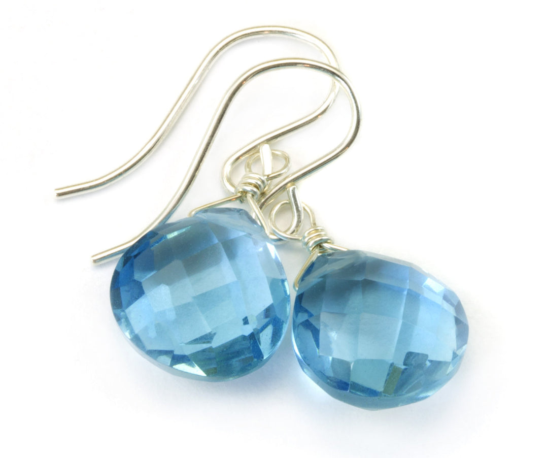 London Blue Faceted Simulated Topaz Earrings Heart Briolette Drops 14k Solid Yellow Gold or Filled or Sterling Silver SImple Dangle Drops