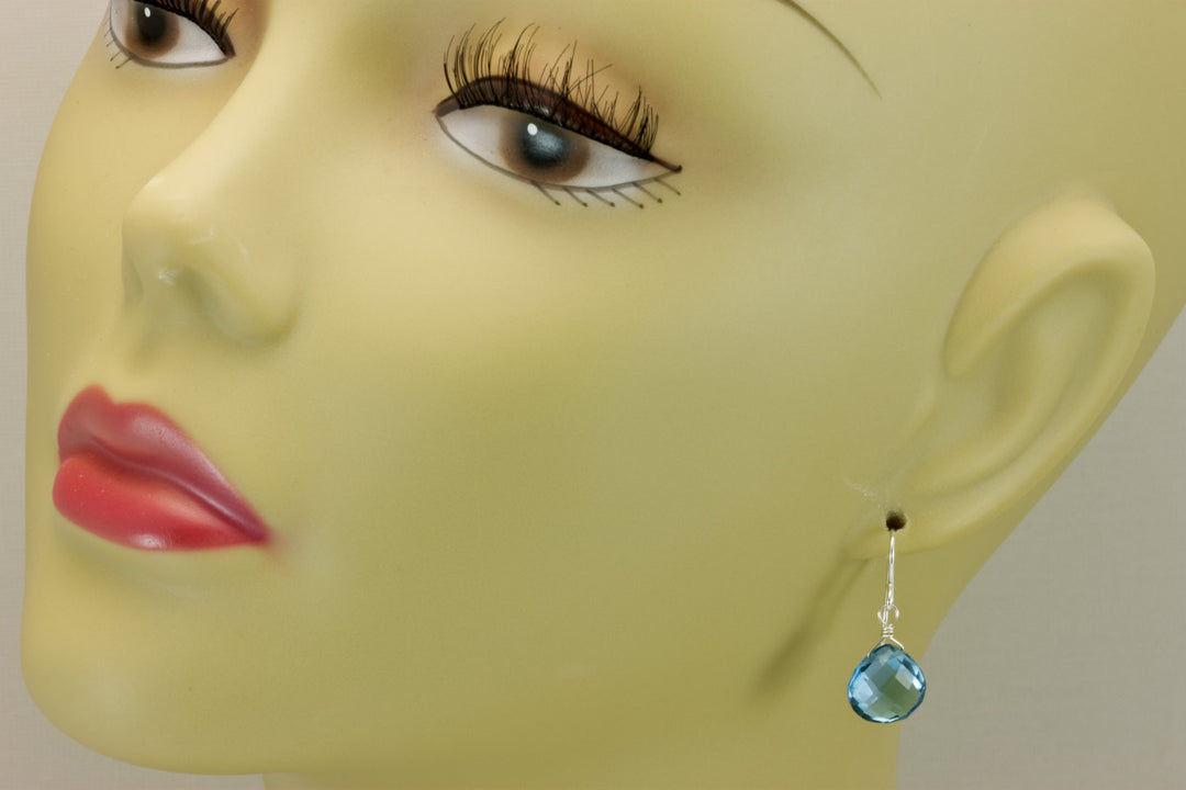 London Blue Faceted Simulated Topaz Earrings Heart Briolette Drops 14k Solid Yellow Gold or Filled or Sterling Silver SImple Dangle Drops